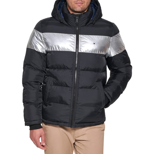 Tommy Hilfiger Men's Hooded Puffer Jacket, Black Silver Stripe, XX-Large