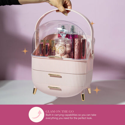 Paris Hilton Makeup Storage Organizer with Lid, Cosmetics and Skincare Organizer for Vanity, Portable Makeup Storage Box for Countertop, Top Gift Item, Fluted Design with Gold Accents, Pink