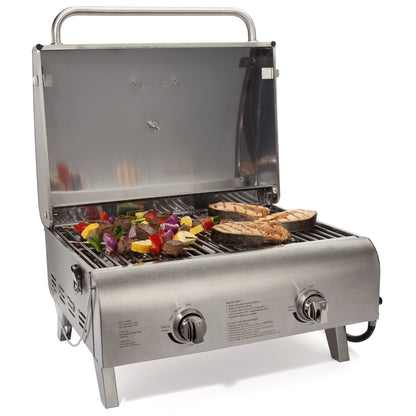 Cuisinart Chef's Style Tabletop Portable Propane Gas Grill with Dual Burners (20,000 BTUs Total), Twist-Start Ignition Stainless Steel BBQ Grill for Camping, Tailgates, BBQ, Hassle-Free Setup