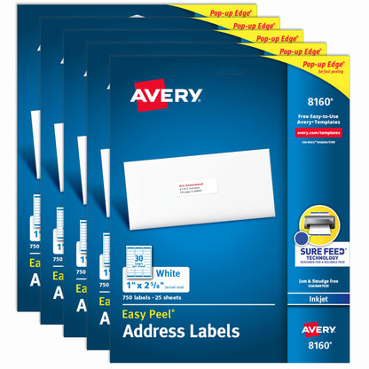 Avery Easy Peel Printable Address Labels with Sure Feed, 1" x 2-5/8" Customizable Stickers, White, 3,750 Blank Mailing Labels, Great for Mailing, Shipping, and More (5-Pack of 8160)
