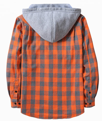 SCODI Mens Flannel Hoodie Shirt Casual Button Down Plaid Jacket Shirts Stylish Long Sleeve Shirts with Pocket Orange Large