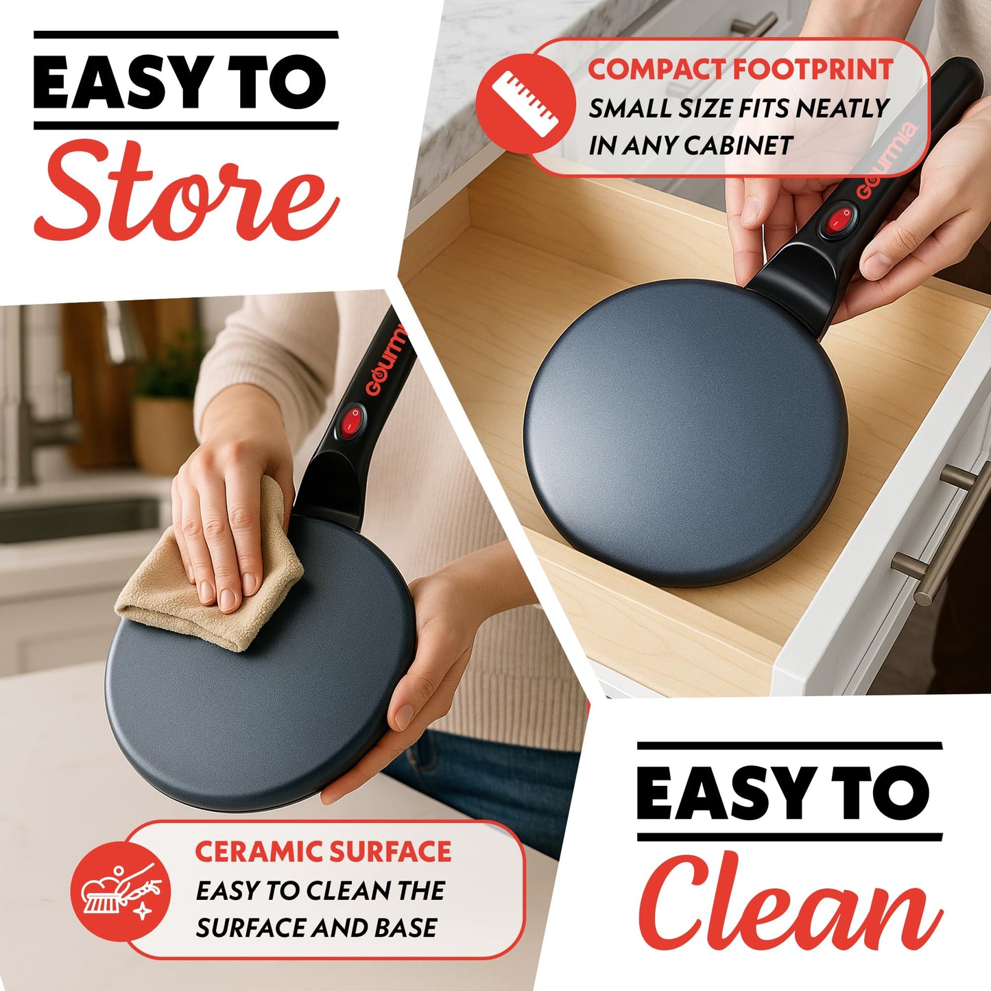 Gourmia 8” Electric Crepe Maker – Nonstick Ceramic Surface, One-Touch Operation, Includes Batter Tray, Compact & Easy to Clean, Crepe, Pancake & Tortilla Maker