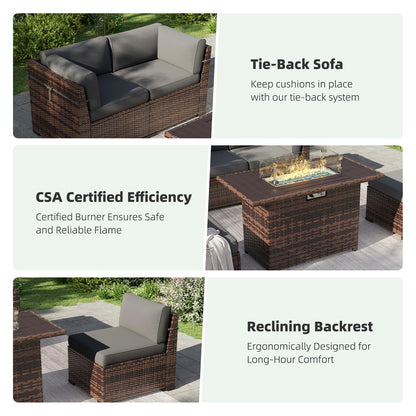 Amopatio 8-Piece Outdoor Patio Furniture Set with 44" Fire Pit Table, Modern Rattan Sectional Couch with Tempered Glass Coffee Table, Thickened Cushions and Include Waterproof Cover (Dark Grey)