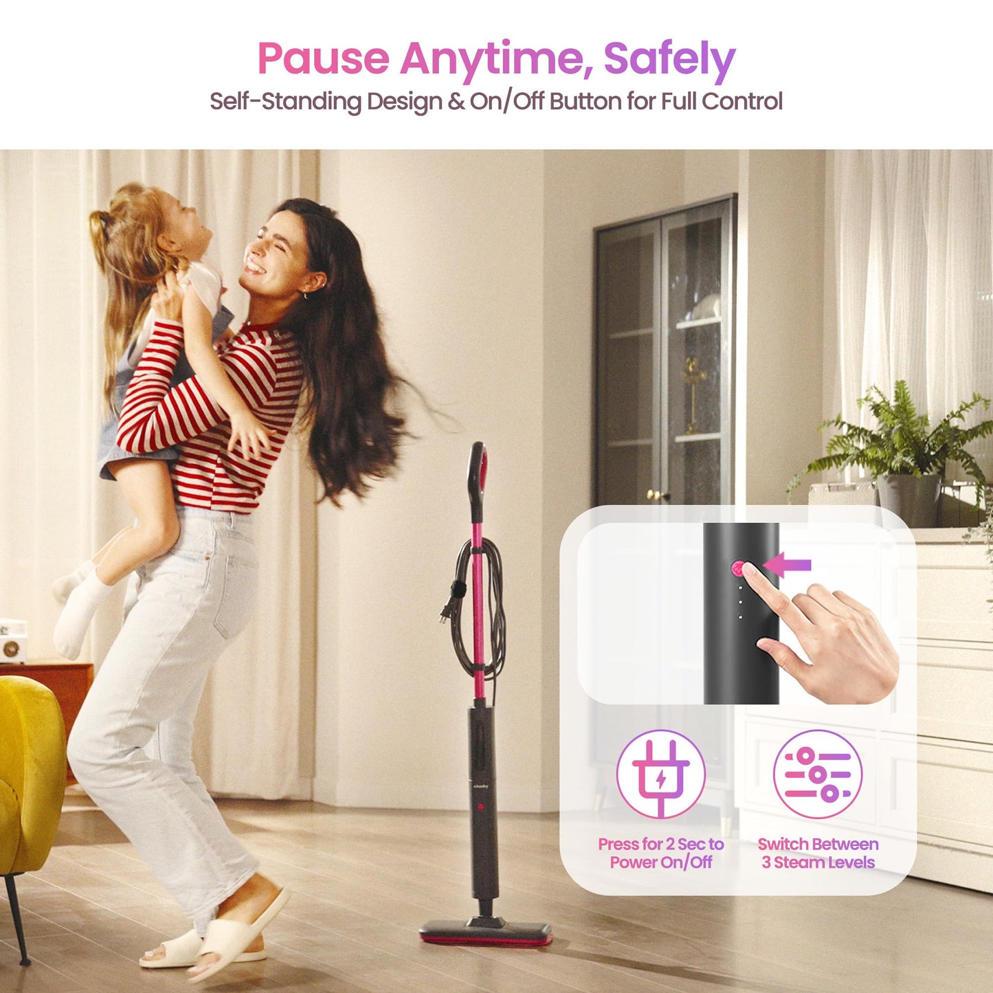 Schenley Steam Mop Cleaner Powerful - 15s Fast Heat-Up, Chemical-Free for Hardwood/Tile/Laminate & Floors/Walls, Washable Pads, 3 Modes for Carpet, Lightweight, Self-Standing, Sleek Design