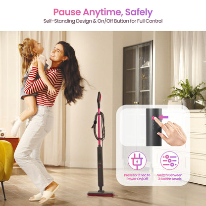 Schenley Steam Mop Cleaner Powerful - 15s Fast Heat-Up, Chemical-Free for Hardwood/Tile/Laminate & Floors/Walls, Washable Pads, 3 Modes for Carpet, Lightweight, Self-Standing, Sleek Design