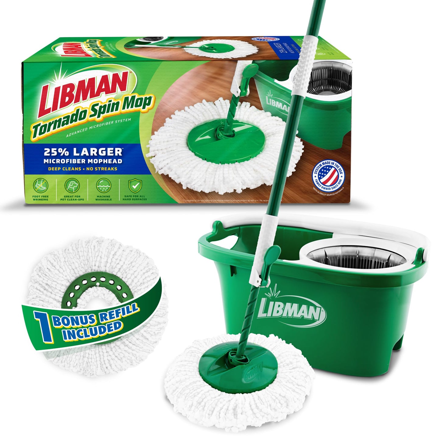 Libman Tornado Spin Mop System, Spinning Floor Mopping and Bucket with Wringer Set for Home, Hardwood, Laminate, Tile Cleaning, Includes 1 Machine Washable Replacement Head Refills (2 Total)