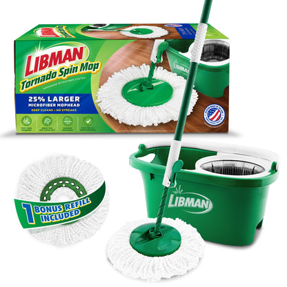 Libman Tornado Spin Mop System, Spinning Floor Mopping and Bucket with Wringer Set for Home, Hardwood, Laminate, Tile Cleaning, Includes 1 Machine Washable Replacement Head Refills (2 Total)