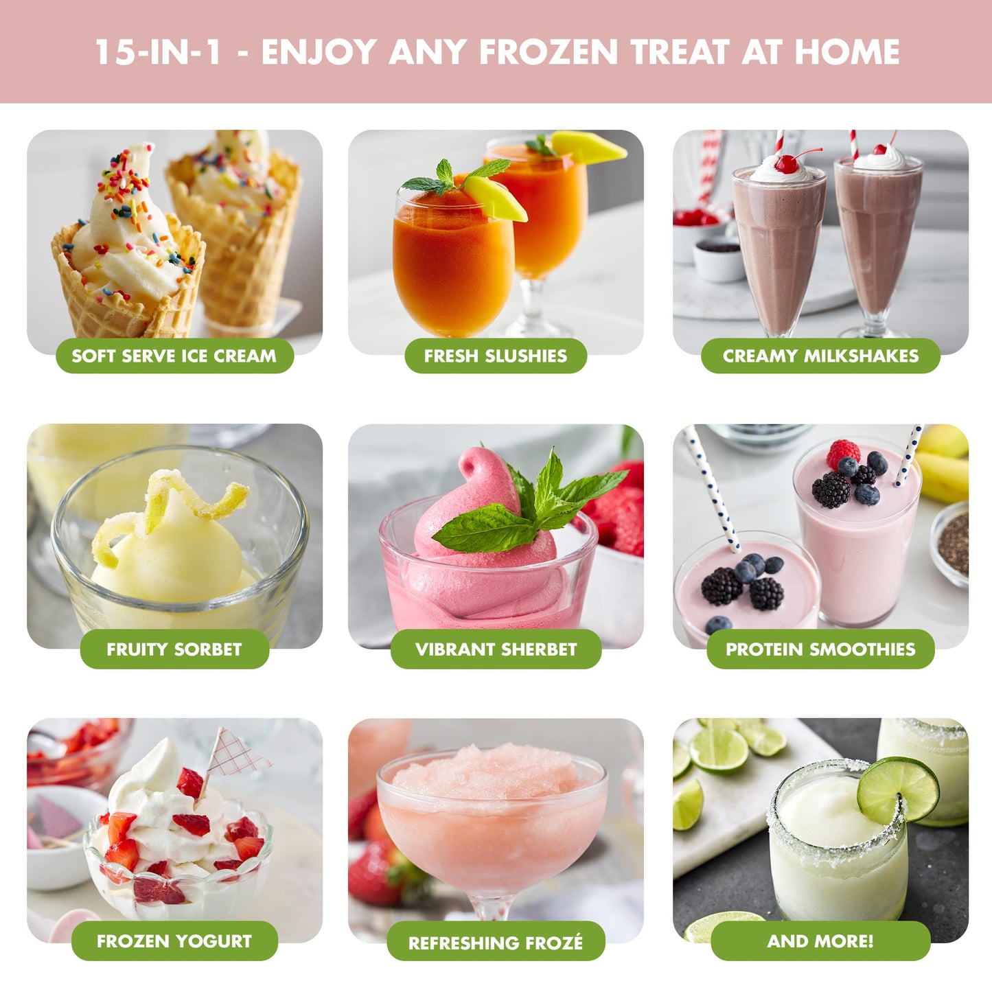 GreenPan Frost Ice Cream Maker & Slushie Machine, Soft Serve, Sorbet, Margaritas, Milkshakes, Frozen Yogurt, No Pre-Freezing, Ready in 15 Mins, 6 Modes, 7 Textures, Self-Cleaning, Family Size, Pink