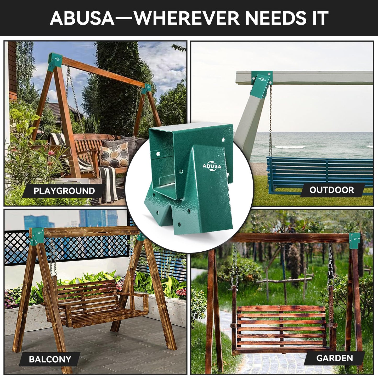 ABUSA Heavy Duty Swing Sets Brackets Including 2 Green A-Frame Swing Set Brackets 1 Swing Seat 1 Ring Trapeze Bar and 4 Swing Hangers for Playground Equipment Mounting Parts Hardware Included