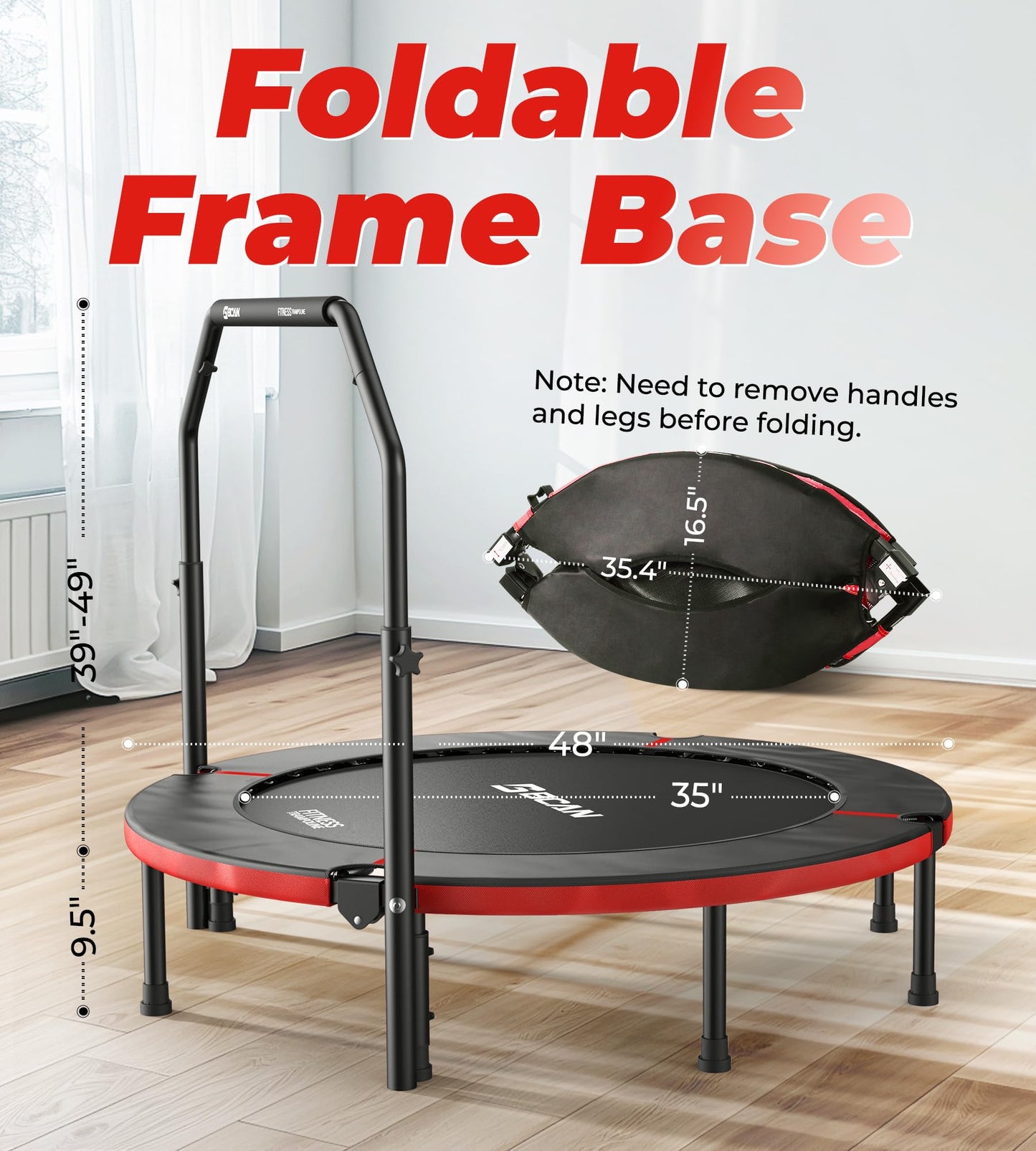 BCAN 48" Foldable Mini Trampoline, Rebounder Trampoline for Adults, Adjustable Foam Handle, Exercise Rebounder for Adults Indoor/Garden Workout, Max Load 440lbs, Red