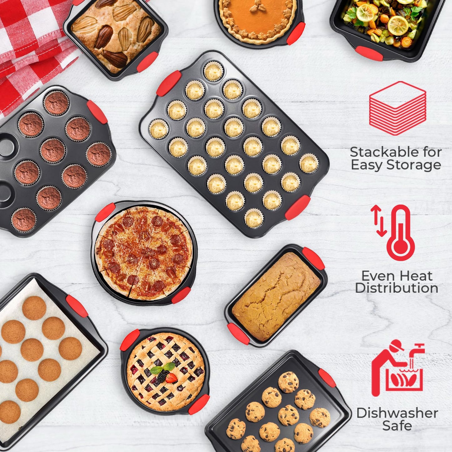 Perlli Baking Pan 10 Piece Set Nonstick Carbon Steel Oven Bakeware Kitchen Set with Silicone Handles, Cookie Sheets, Round Cake Pans, Square Pan, Loaf Pan, Roasting Pan, Pizza Crisper, Muffin Pans