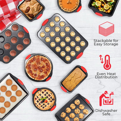 Perlli Baking Pan 10 Piece Set Nonstick Carbon Steel Oven Bakeware Kitchen Set with Silicone Handles, Cookie Sheets, Round Cake Pans, Square Pan, Loaf Pan, Roasting Pan, Pizza Crisper, Muffin Pans