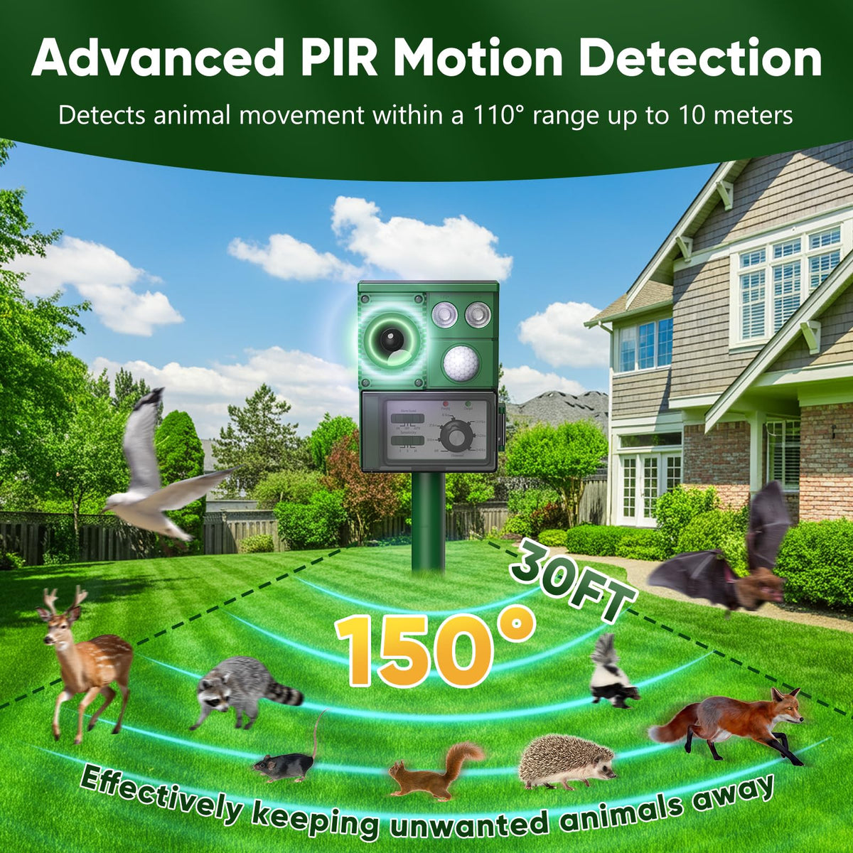Solar Ultrasound Animal Repellent Outdoor, Deer Repellent Devices Skunk Repellent with Motion Detector & Flashing Light, Waterproof Raccoon Repeller, Cat Squirrel Rabbit Rat Repeller for Yard (Green)