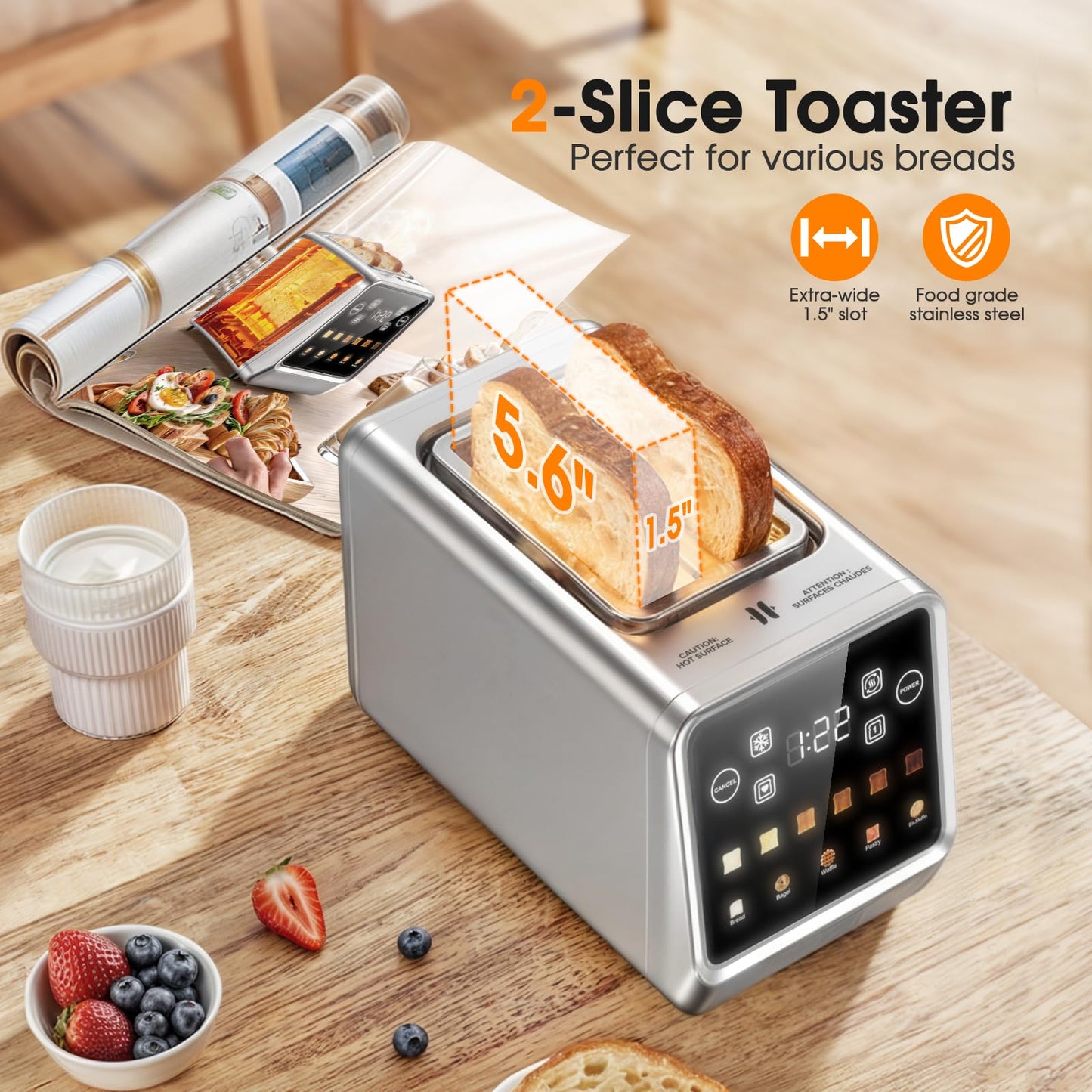 PSIIDAN Touch Screen Toaster 2 Slice, Stainless Steel Smart Digital Toasters with Single Slot Toasting, Memory Function, 5 Bread Types & 6 Shade Settings, 1.5" Toasters 2 Slice Wide Slot, 900W