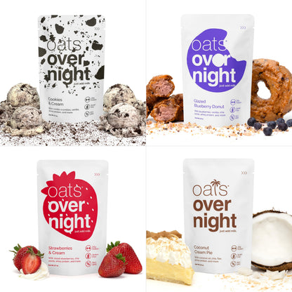 Oats Overnight Party Variety Pack - High Protein, High Fiber Breakfast Protein Shake - Gluten Free Oatmeal, Non GMO Oatmeal - Cookies & Cream, Coconut Cream Pie & More Flavors (8 Pack + Shaker Bottle)