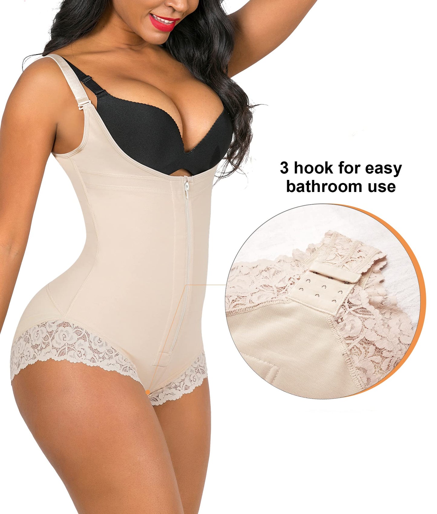 SHAPERX Women Shapewear Tummy Control Fajas Colombianas Body Shaper Zipper Open Bust Bodysuit, SZ7200-Beige-L