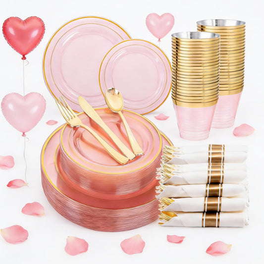 WELLIFE 210Pcs Clear-Pink Plastic Dinnerware- Pink and Gold Plastic Dinnerware include 30 Dinner Plates, 30 Dessert Plates, 90 Gold Silverware, 30 Cups and 30 Napkins Perfect for Parties