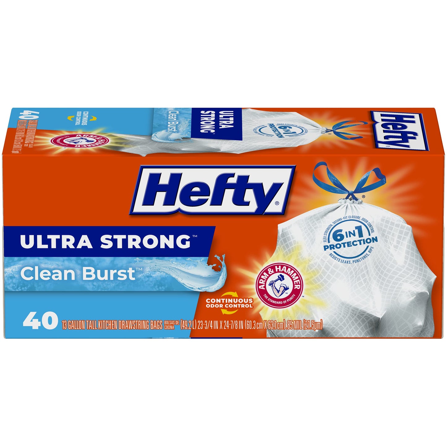 Hefty Ultra Strong Tall Kitchen Trash Bags, Clean Burst Scent, 13 Gallon, 40 Count