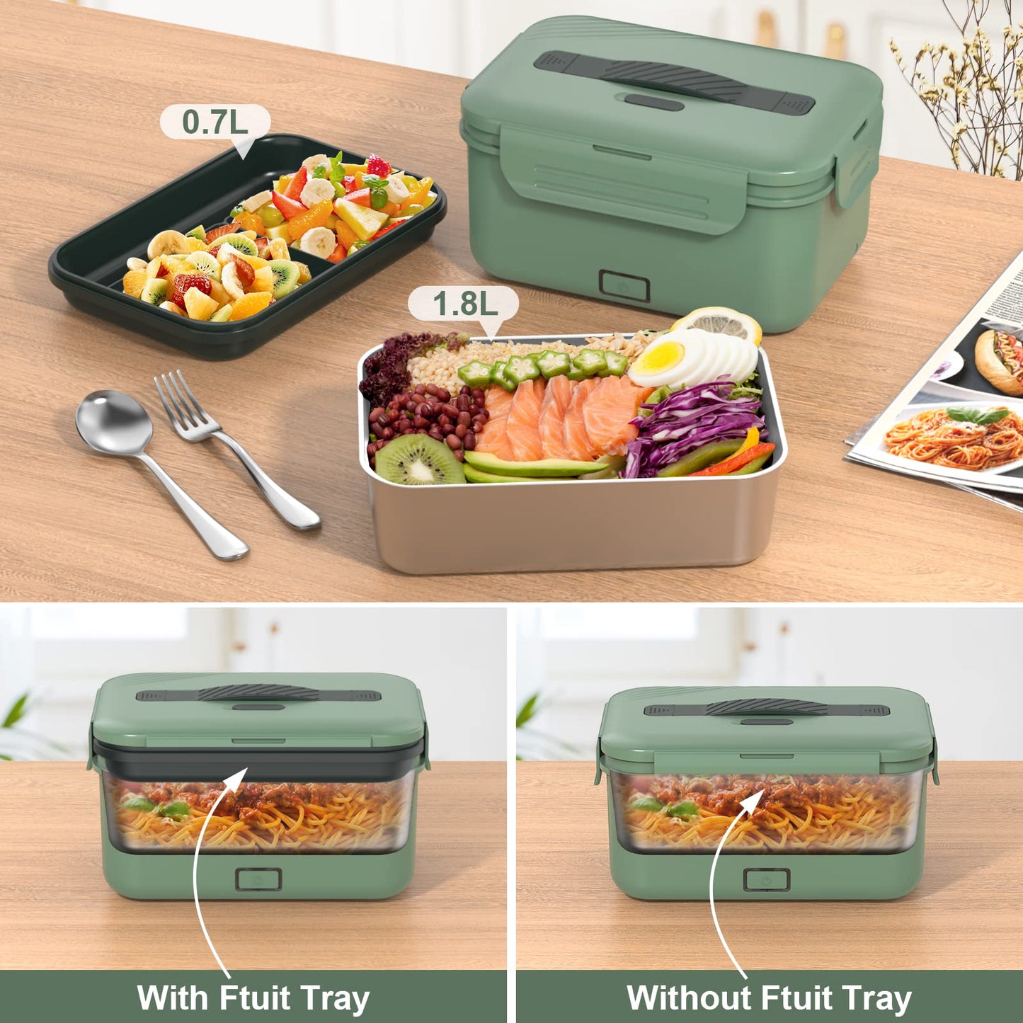 Vabaso Electric Heated Lunch Box for Adults, 100W Portable Food Warmer for Car/Truck Home/Work, Heating Lunchbox with 1.8L/61oz Stainless Steel Container, 12V/24V/110V