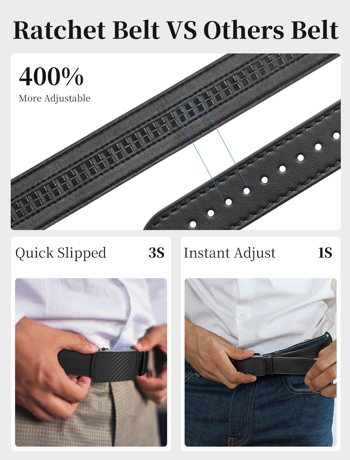 SKiporty Mens Belt,Ratchet Belts for Men Leather 1 3/8'' Adjustable for Dress Jeans A-Black 36" to 42" Waist Adjustable