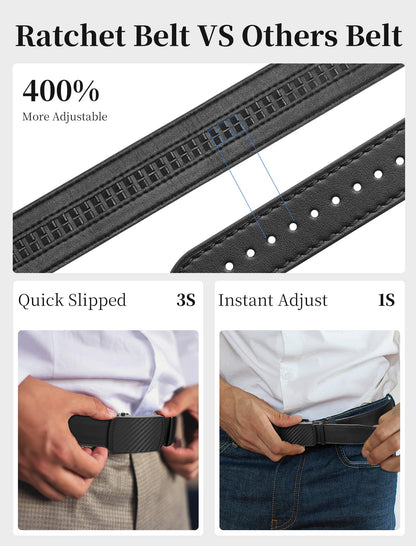 SKiporty Mens Belt,Ratchet Belts for Men Leather 1 3/8'' Adjustable for Dress Jeans A-Black 36" to 42" Waist Adjustable