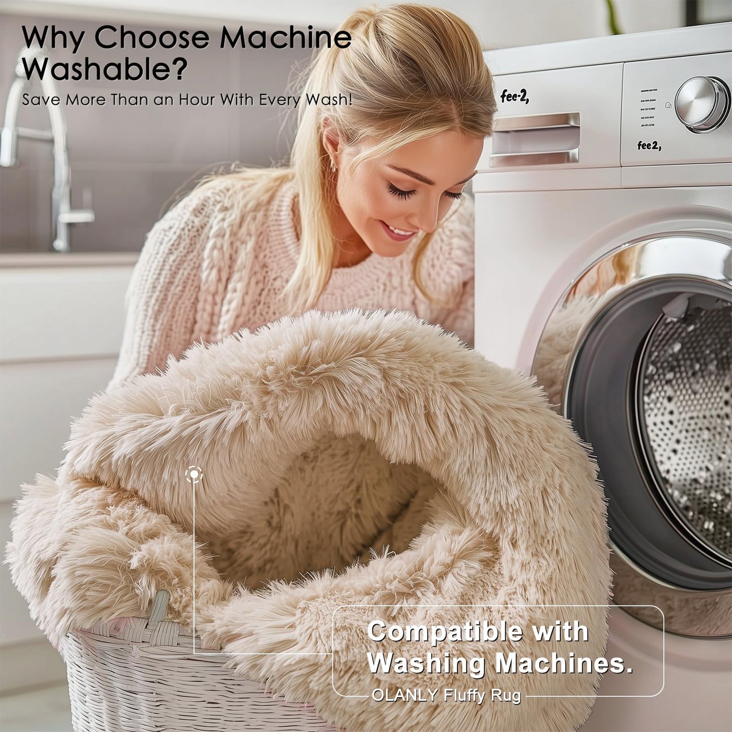 OLANLY Beige Round Rugs for Bedroom - Machine Washable, 7x7 Feet Circle Area Rugs for Living Room, Soft and Fluffy Shaggy Carpet for Teen Girls and Boys, Dorms, Nursery Rooms, Home Decor Aesthetic