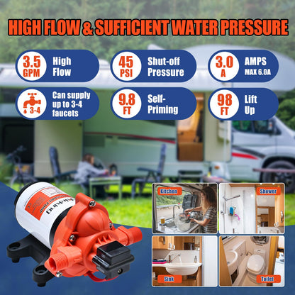CYKLEKING 12V DC Water Pressure Pump,3.5GPM 45PSI Quiet On Demand RV Water Diaphragm Pump 12 Volt Self Priming Ideal for Camper,Boat,Marine,Travel Trailer,Washdown,Rain Barrel,Outdoor Shower