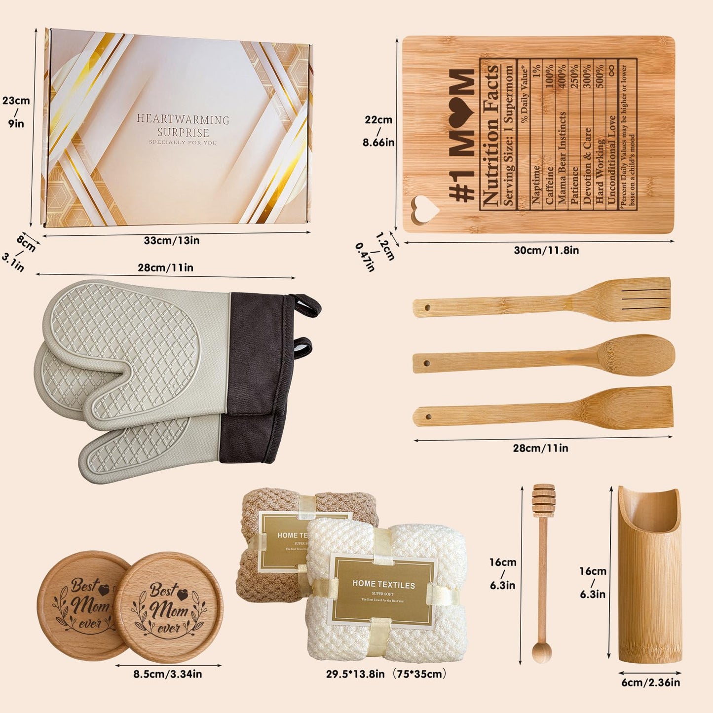 Mothers Day Kitchen Set Gift Box - Bamboo Cutting Board & Cooking Utensils Set - Perfect Mothers Day, Christmas & Birthday Gifts for Mom from Daughter & Son - Essential Kitchen Utensils Set for Mom