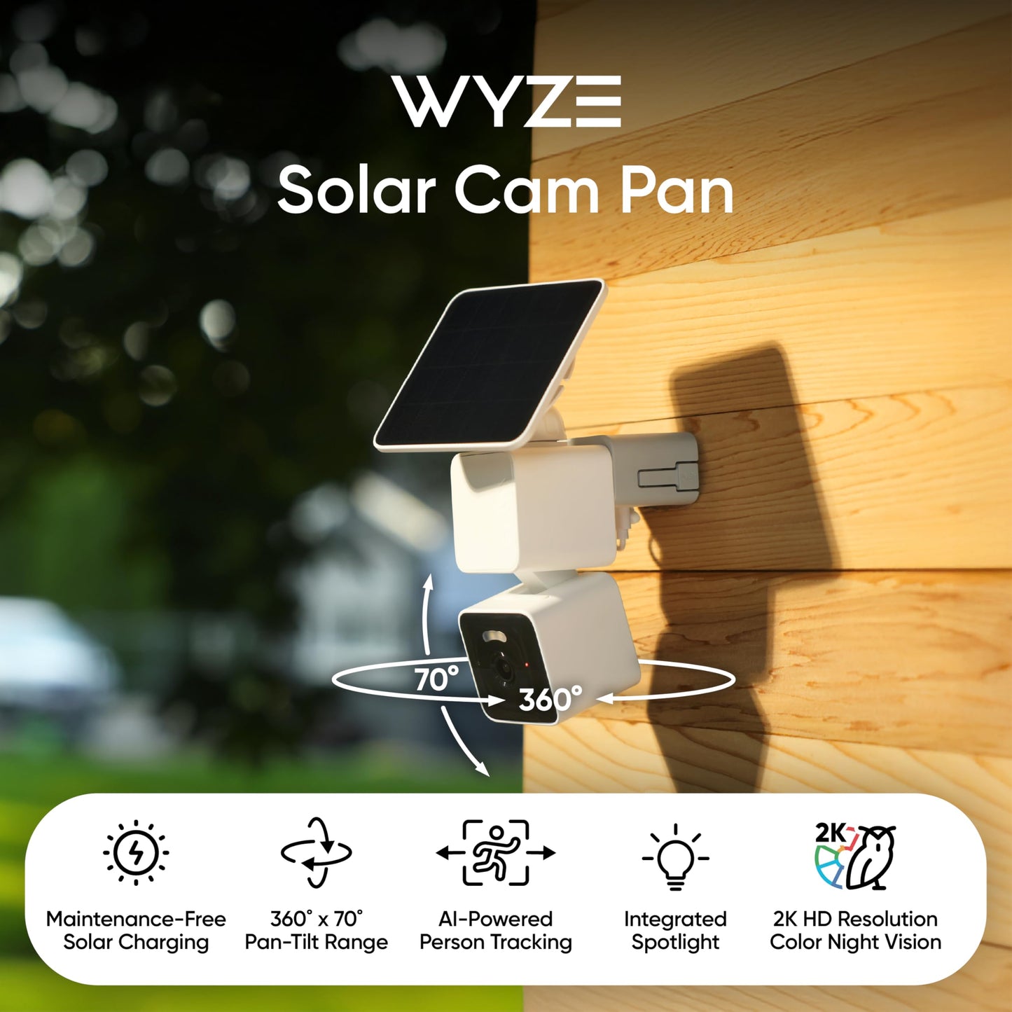 WYZE Solar Cam Pan (Flagship Model), Wireless Outdoor Cam Pan, 2K 360° Pan-Tilt Battery Powered 2.4GHz Wi-Fi Cameras for Home Security, AI Motion Detection, Color Night Vision (Renewed)