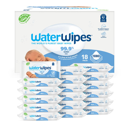 WaterWipes Plastic-Free Original Baby Wipes, 99.9% Water Based Wipes, Unscented & Hypoallergenic for Sensitive Skin, 1080 Count (18 packs)