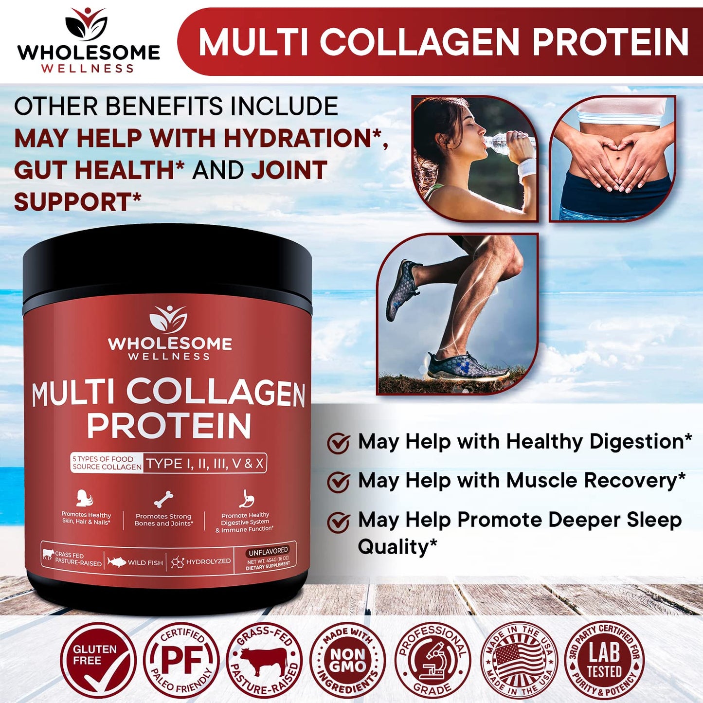 Multi Collagen Protein Powder Hydrolyzed (Type I II III V X) Grass-Fed All-in-One Super Bone Broth + Collagen Peptides - Premium Blend of Beef, Chicken, Wild Fish, Eggshell, 58 Servings, Unflavoured
