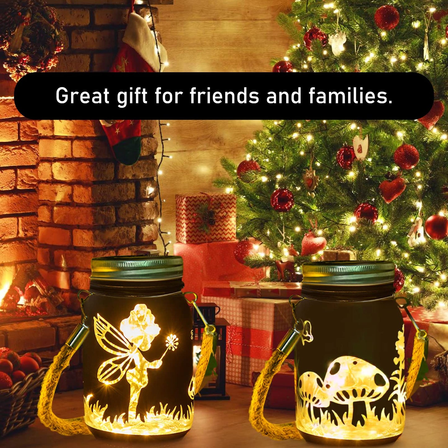 MLOQI Fairy Garden Accessories 2 Pack Solar Fairy Lights Solar Lanterns Outdoor Decorations for Patio Waterproof Mason Jar Lights Christmas Gift (Warm White)