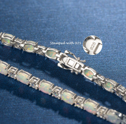 FANCIME Sterling Silver Fire Opal Tennis Bracelet October Birthstone Bracelets Cubic Zirconia Oval Gemstone Dainty Fine Jewelry for Women 7"