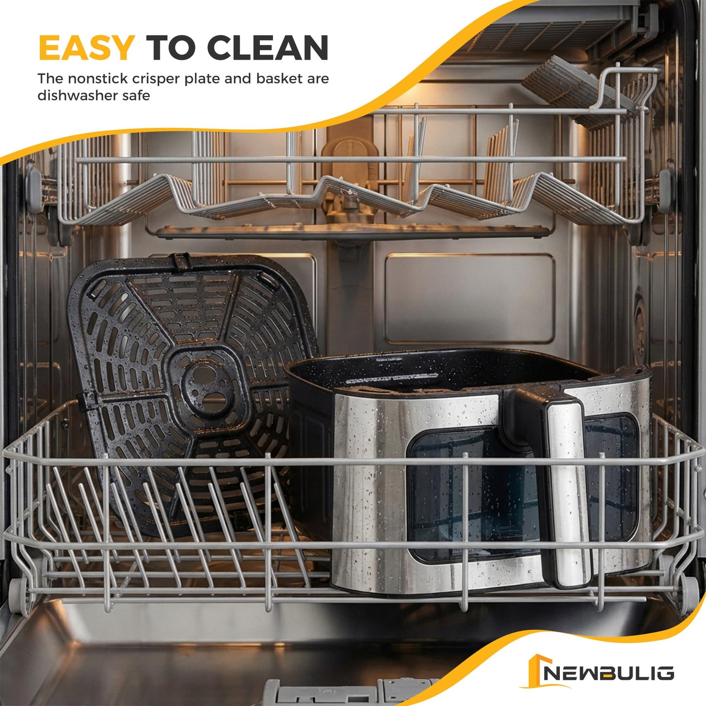 NEWBULIG Air Fryer 6.34QT, Airfryer with Visible Window, 400℉ Fast Heating Air Fryers Oven with Nonstick and Dishwasher-Safe Basket, 8-in-1 Cooking Preset, Timer，Auto-Off, Stainless Steel, Black