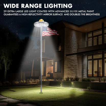 PPQ Flag Pole Light Solar Powered, 29 LED Extra Bright Silver Flagpole Light for 15-30 Ft Poles, Waterproof Lighting on Outdoor Pole Top, Long Hour Dusk to Dawn Auto On/Off
