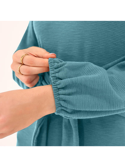 PRETTYGARDEN Women's Elegant Long Lantern Sleeve Short Dress Crewneck Tie Waist Knit Cocktail Dress (Blue Green,Small)