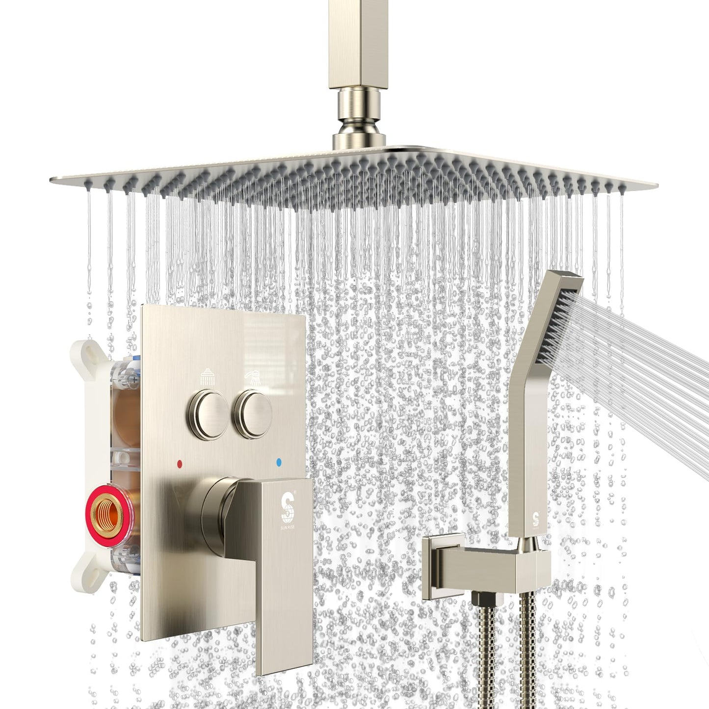 SR SUN RISE Ceiling Mounted Shower System with Push Button Diverter, Luxury 12 Inch Rain Shower Head with Handheld Spray, High Pressure Shower Faucet Combo Set with Rough-in Valve, Brushed Nickel