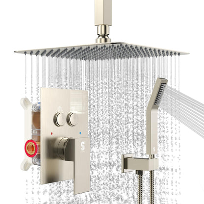 SR SUN RISE Ceiling Mounted Shower System with Push Button Diverter, Luxury 12 Inch Rain Shower Head with Handheld Spray, High Pressure Shower Faucet Combo Set with Rough-in Valve, Brushed Nickel