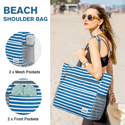 G4Free Beach Bag, Waterproof Sandproof Beach Tote Bag,50L Large Capacity Foldable for Women, Personalized Gifts for Her,Navy Stripe