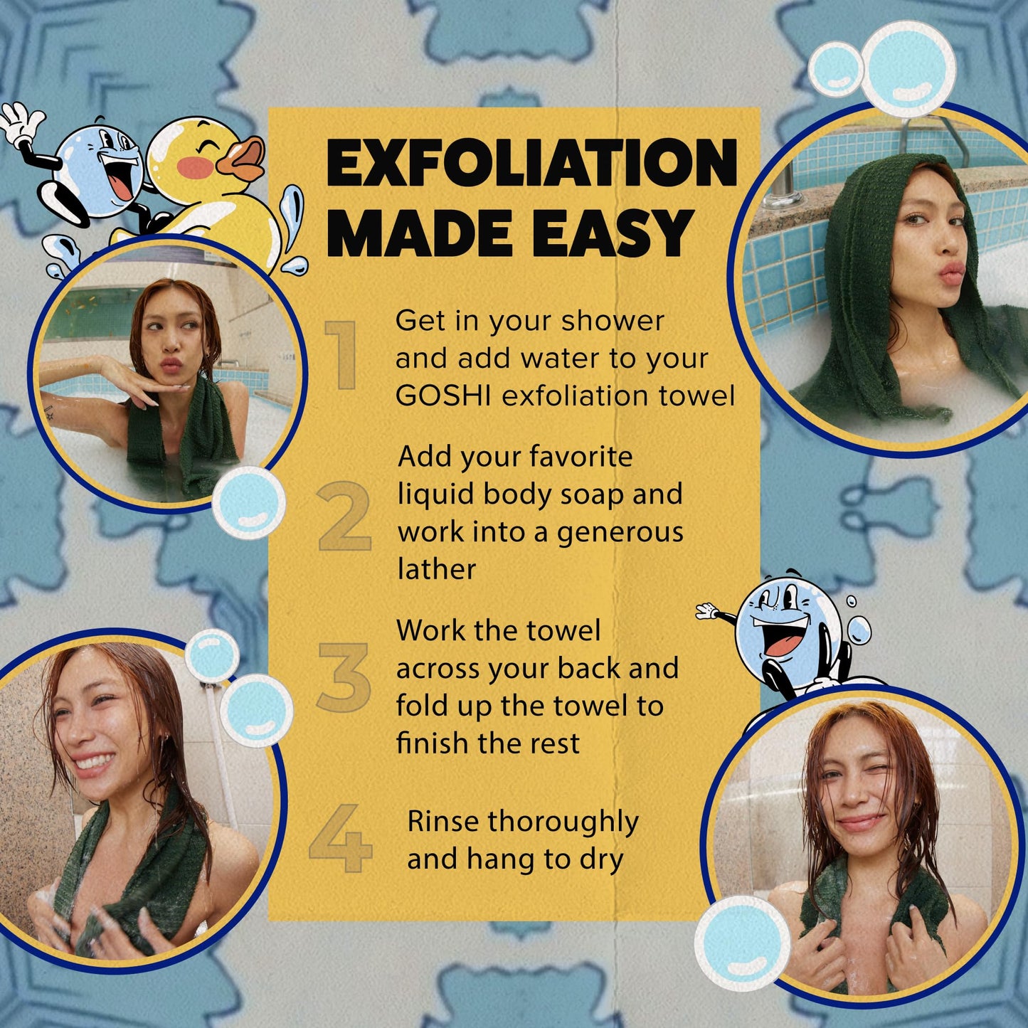 GOSHI Exfoliating Shower Towel - Rip-Resistant Exfoliating Washcloth for All Skin Types - Moss Green - Made in Japan