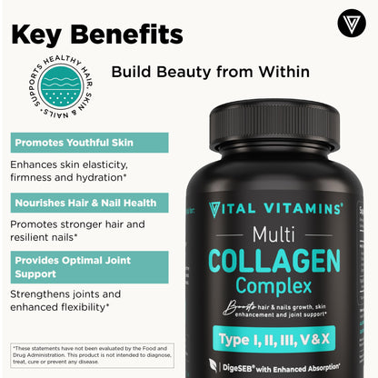 Vital Vitamins Multi Collagen for Women & Men - Type I, II, III, V, X - Grass Fed, Non-GMO - 150 Capsules
