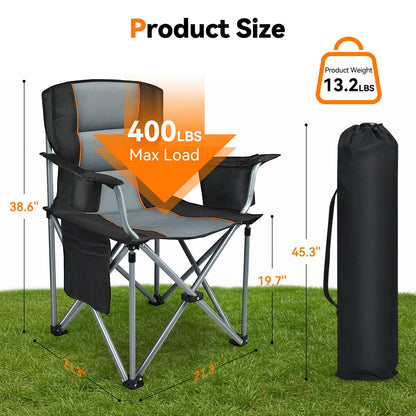 Camping Chairs, 2 Pack Oversized Heavy Duty Fully Padded Outdoor Folding Chairs with Cup Holder, Cooler Bag and Side Pocket, Support 400 LBS, Carry Bag Included, Versatile for Sports,Outdoors & Lawns