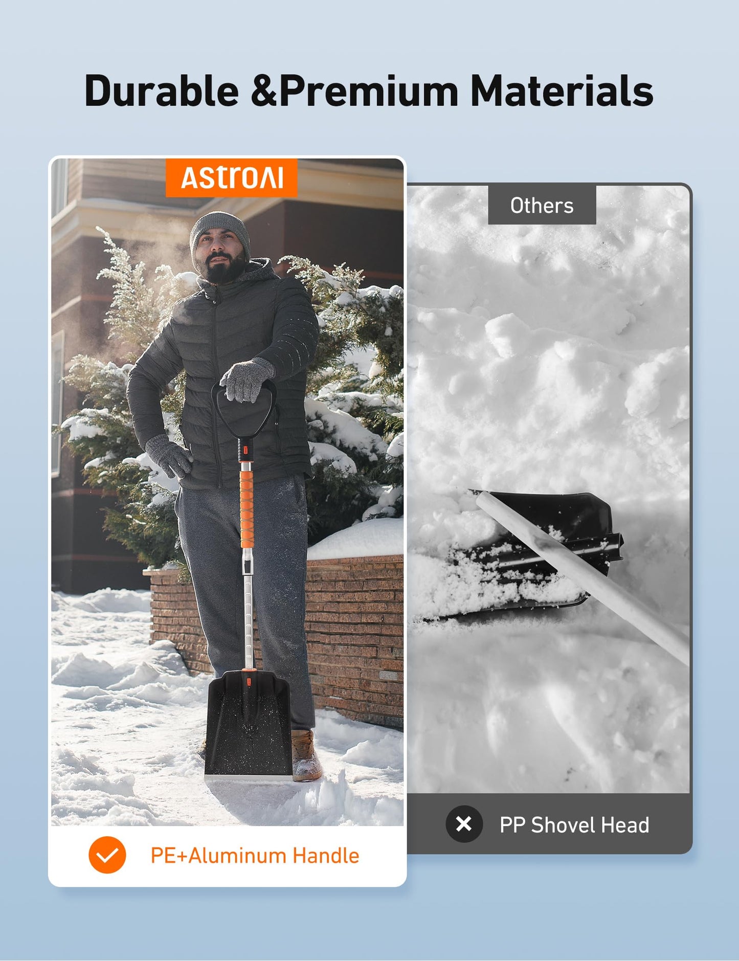 AstroAI Lightweight Snow Shovel for Driveway, Extendable Snow Shovel for car with Thickened Aluminum Handle and Blade, Portable and Multifunctional for Cars, Snowmobiles, Camping and Emergency