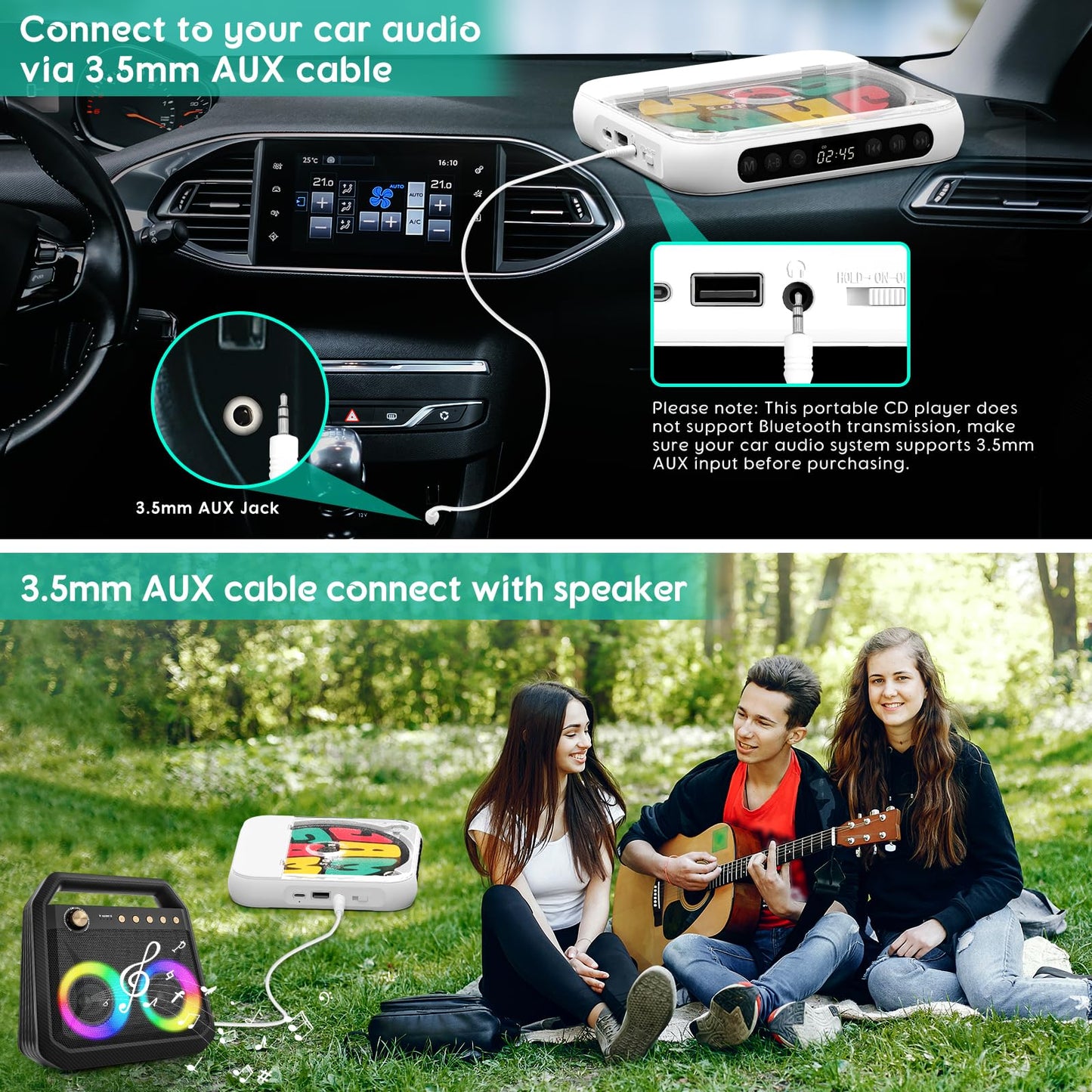 SKYANS Portable CD Player with Bluetooth 5.3, 2000mAh Rechargeable CD Players for Home/Car, Built-in HiFi Speaker, Headphones, LCD Screen, Supports CD/AUX/USB and Repeat Modes, White