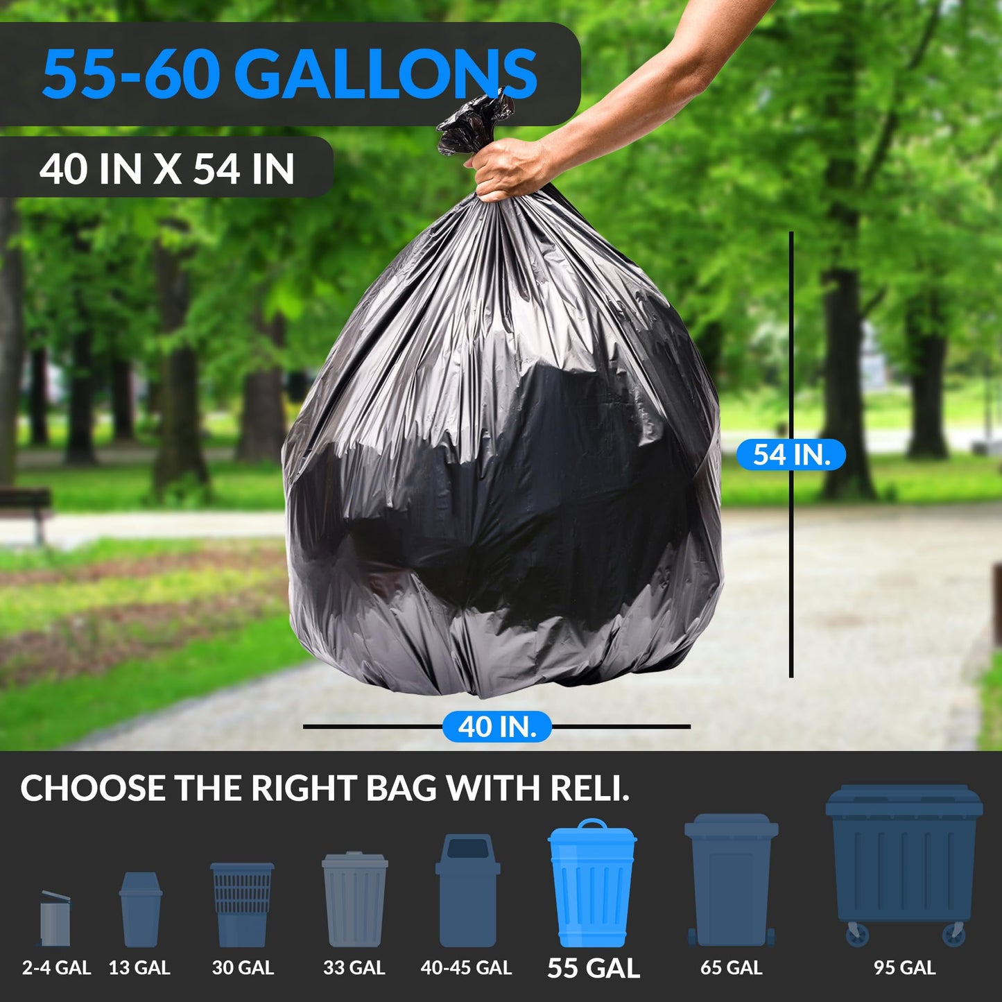 Reli. 55-60 Gallon Trash Bags Heavy Duty | 150 Bags | 50-60 Gallon | Large Black Garbage Bags | Made in USA