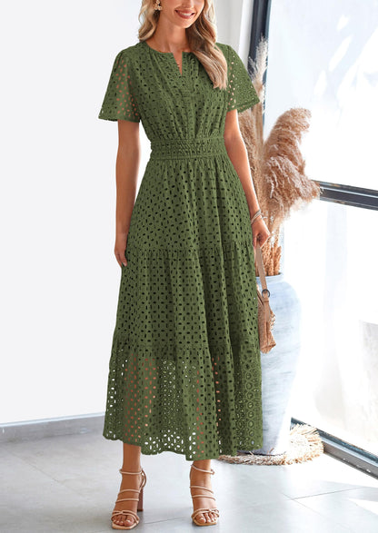 PRETTYGARDEN Womens 2025 Summer Maxi Dress Short Sleeve V Neck Hollow Out Eyelet A Line Long Flowy Beach Vacation Dresses (Army Green,Medium)