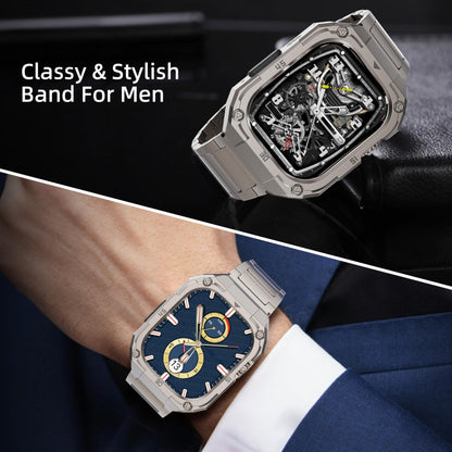 Stainless Steel Case with Band Compatiable for Apple Watch 44mm Bands -Rugged Metal iWatch Bumper Cover and Strap for Men iWatch Bands Series 6 5 4,Titanium