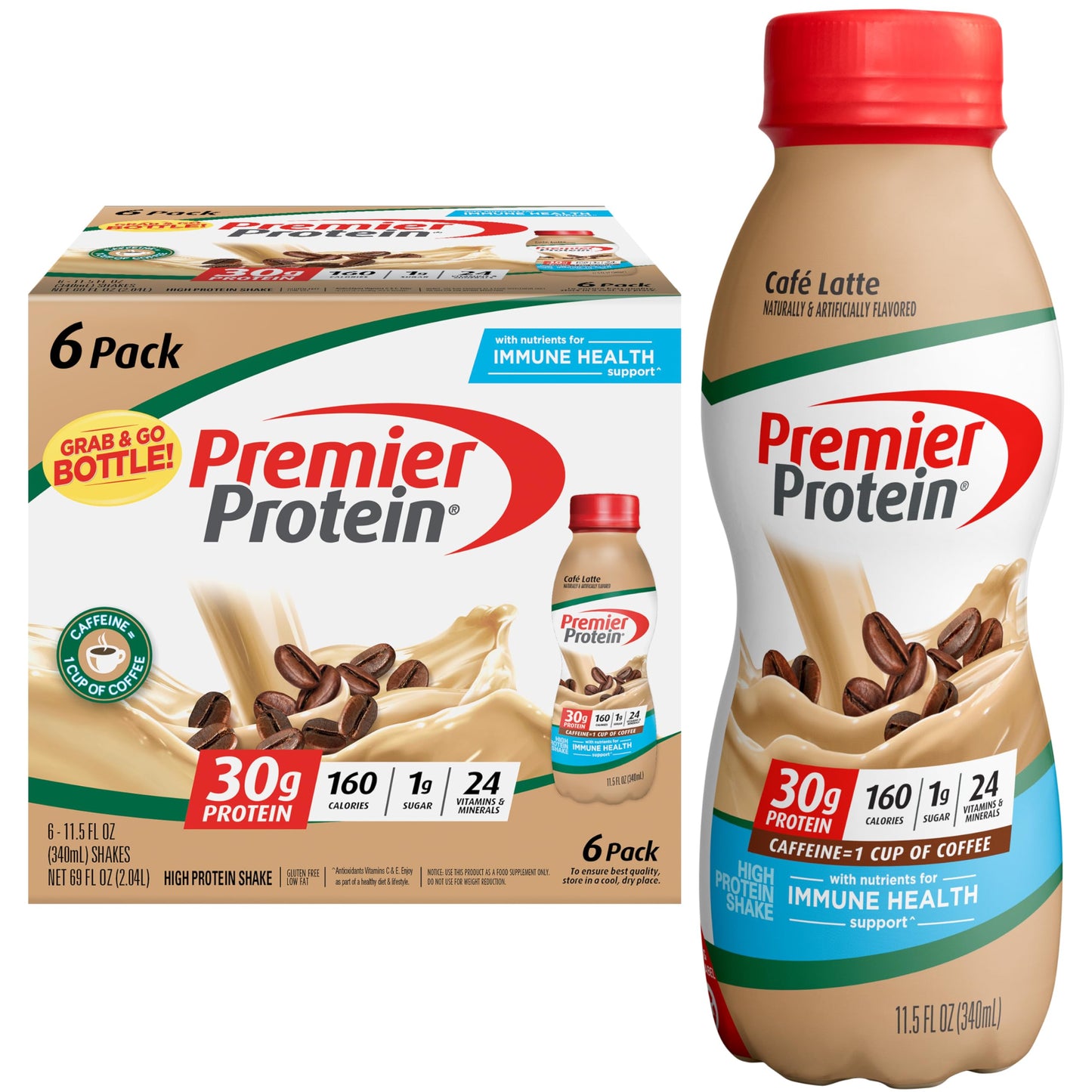 Premier Protein Shake, Café Latte, 30g Protein 1g Sugar 24 Vitamins Minerals Nutrients to Support Immune Health, 11.5 fl oz (Pack of 6)
