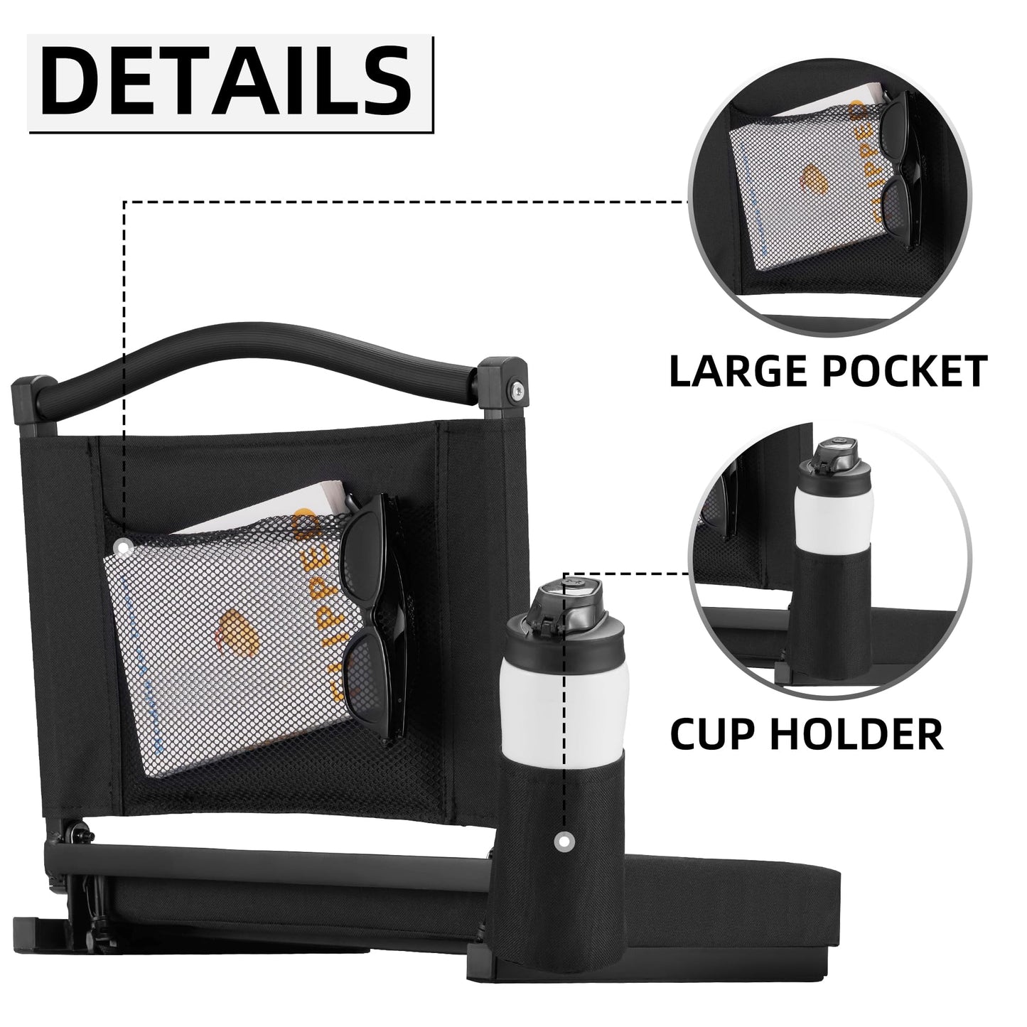 HABUTWAY Stadium Seats with Back Support and Thick Cushion Bleacher Seats with Backs and Cushion Wide, Stadium Chairs Include Shoulder Strap and Pocket, Perfect for Sports Events (Black)