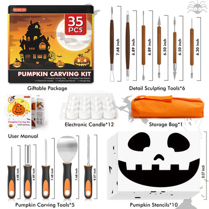 Shuttle Art 35 PCS Halloween Pumpkin Carving Kit, 11 PCS Professional Stainless Steel Pumpkin Carving Tools with 10 Stencils and 12 Electronic Candles, Safe, Fun and Durable for Kids Adults Carving